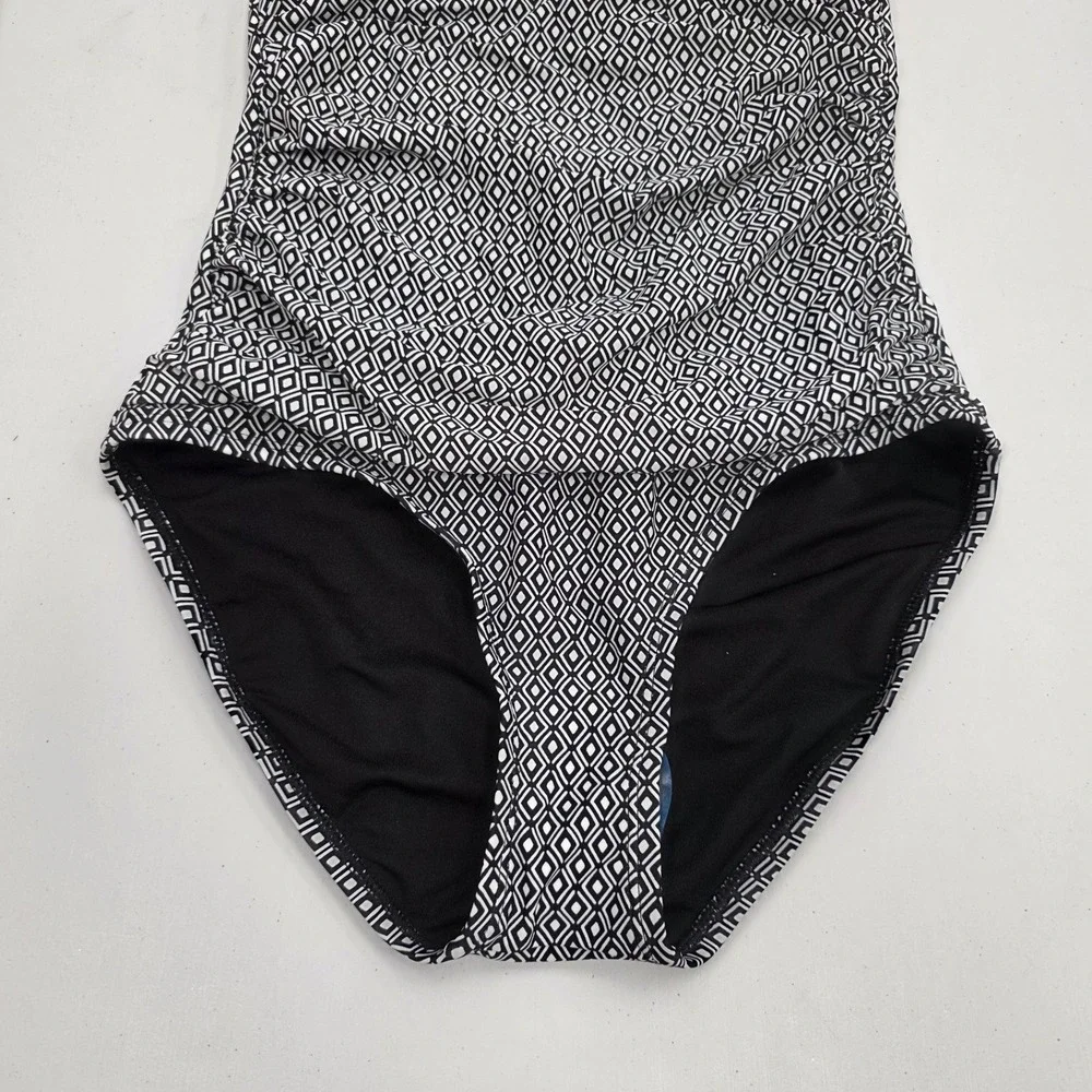 DKNY Womens Geometric Diamond Print One Piece Swimsuit Black White Small - Picture 3 of 10